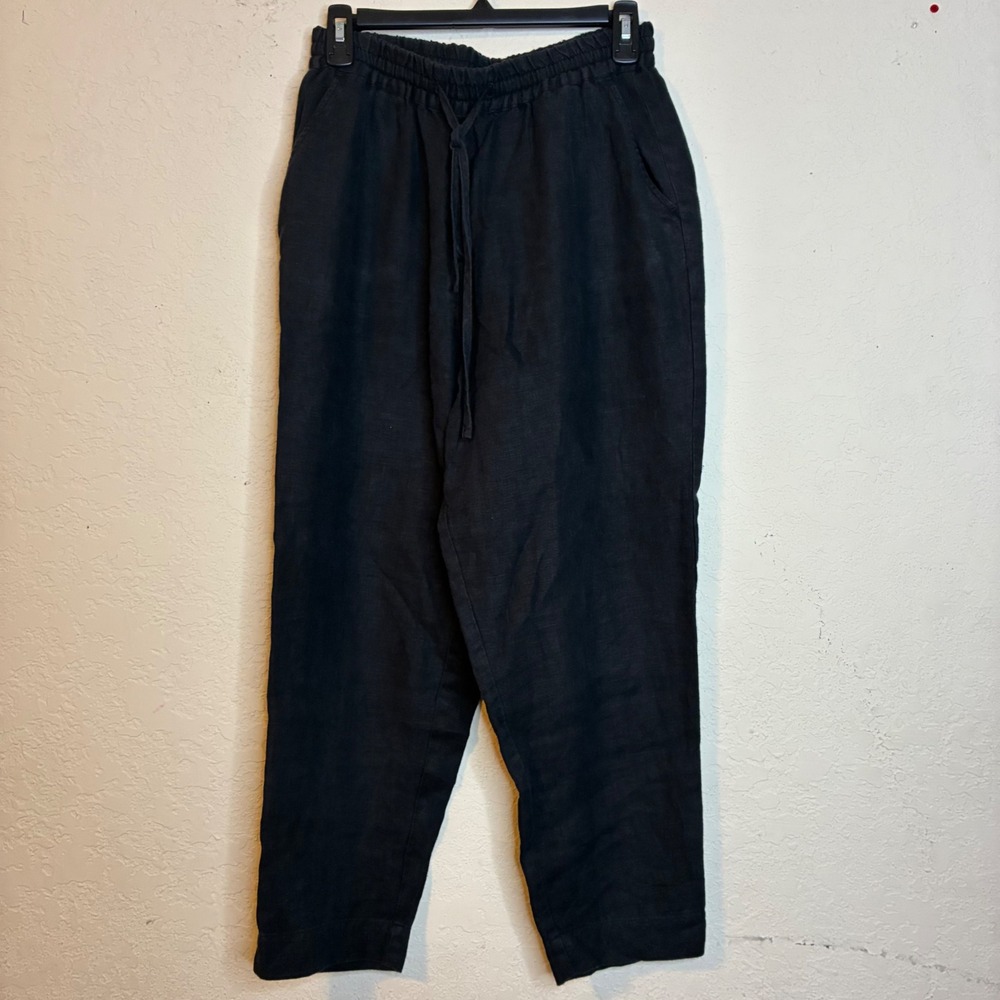 MagicLinen Black 100% Linen Elastic Waist Drawstring Tapered Pants Womens Size M